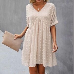 🟠NWT ZENANA Swiss Dot Babydoll V-neck Dress in Sand Beige